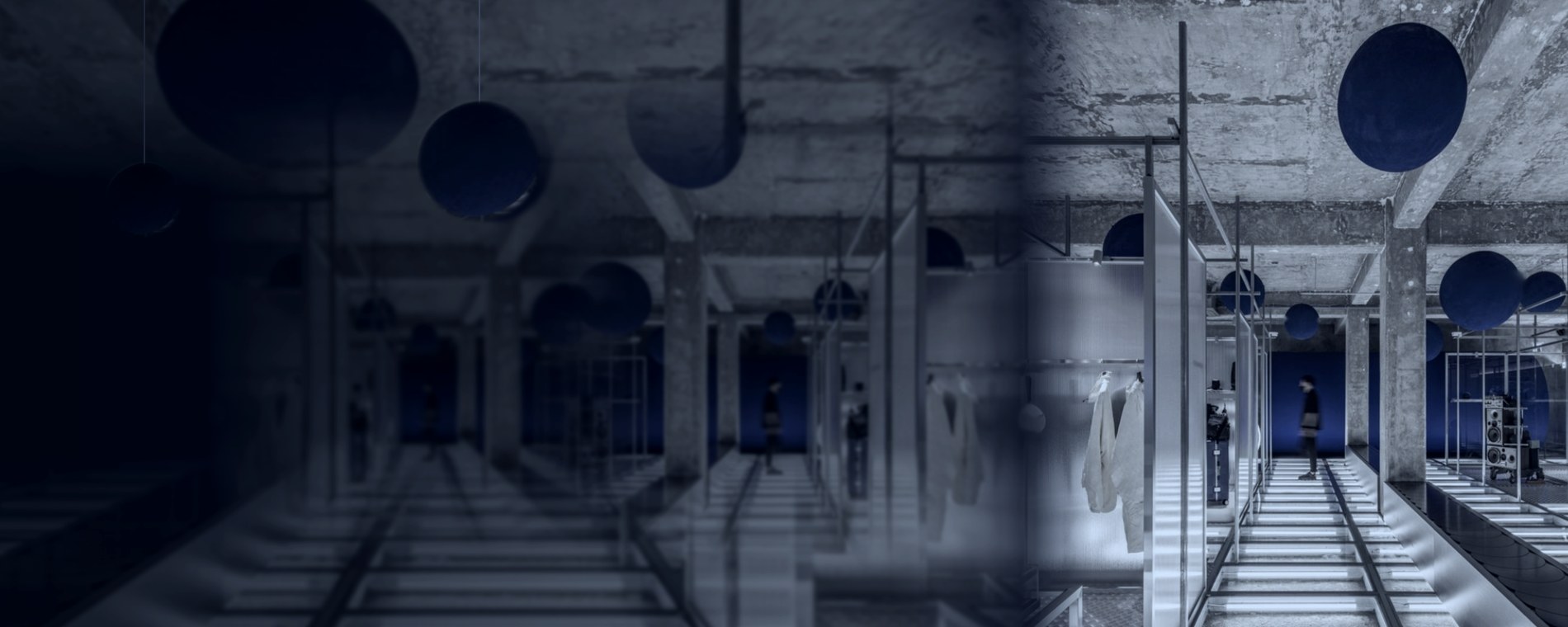 A concrete and aluminium concept store with suspended blue discs, fashion brand expansion into new markets