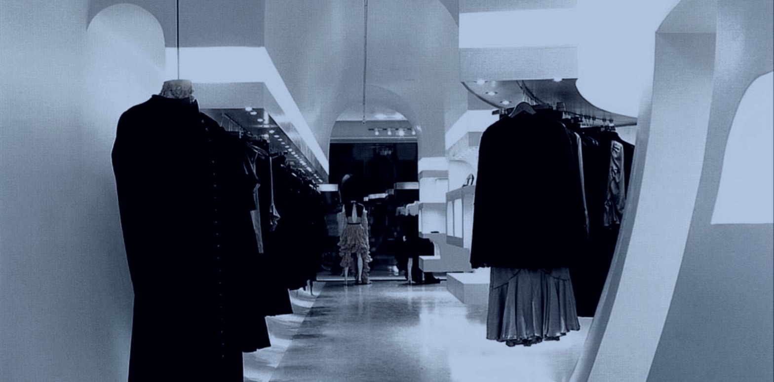 Sculptural retail interior in white and black, DE Agency China market entry for fashion brands