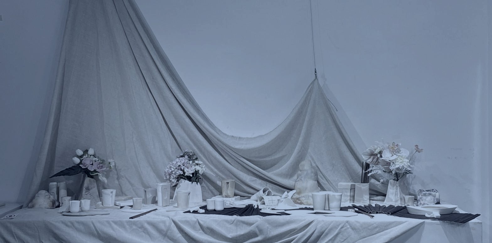 A draped linen installation, a fashion pop up built for the fortnight it exists