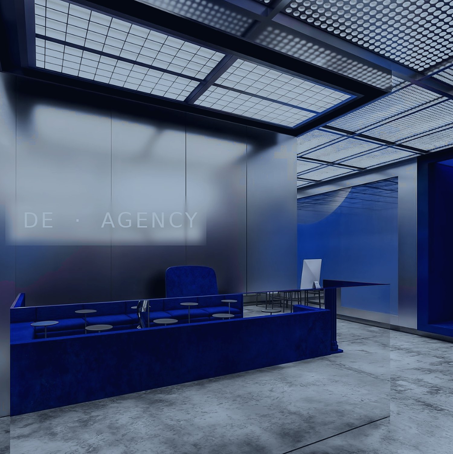 A showroom reception in cobalt and brushed steel, fashion buyer introductions in London, Paris and Shanghai